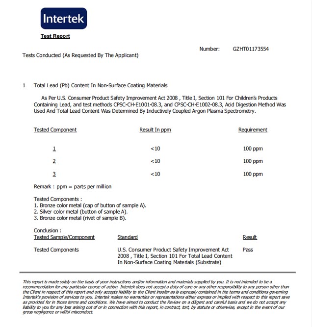 test report result for jeans buttons and rivets